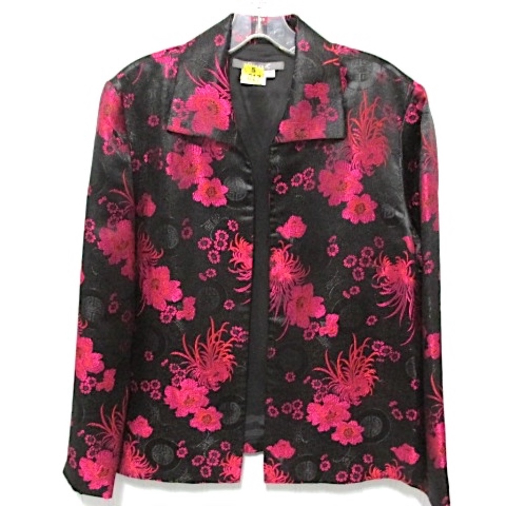 Black Satin Jacket with Pink Floral Pattern, Size 10